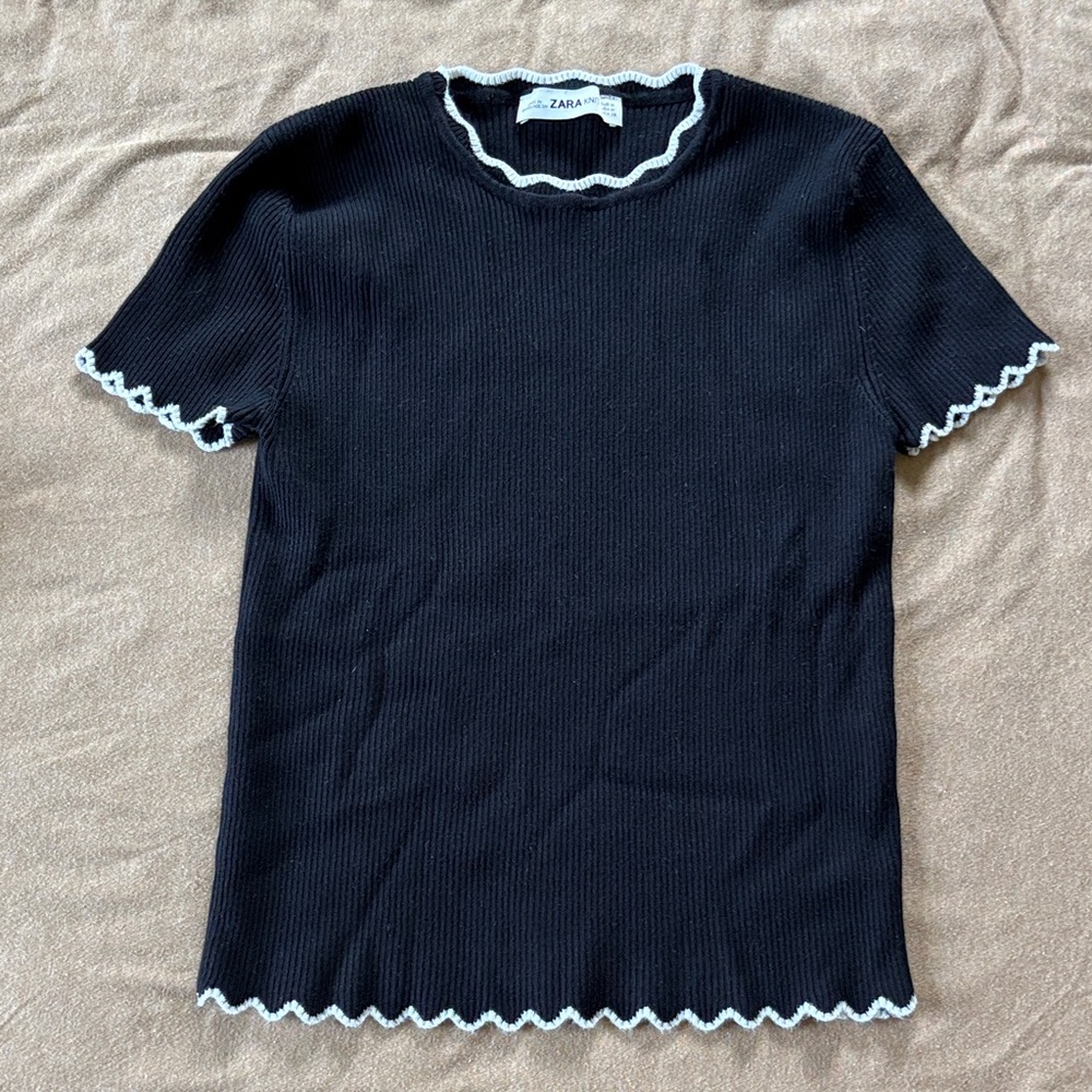 Zara Black Top with White Scalloped Edges